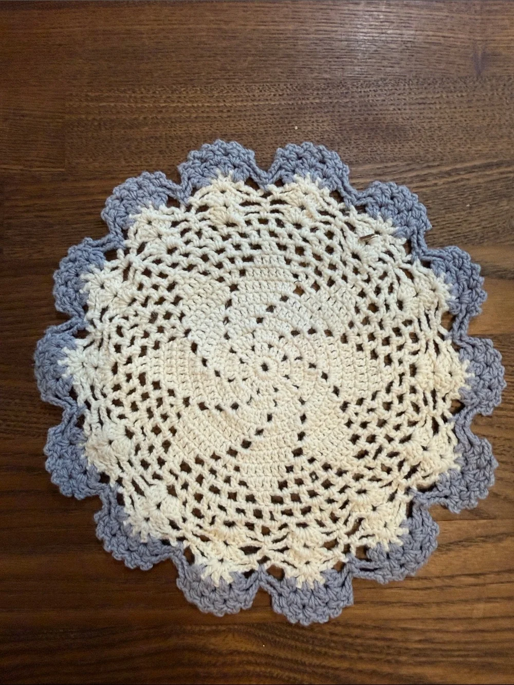 Source Unknown Crochet Doily in Cream with Lavender Edge